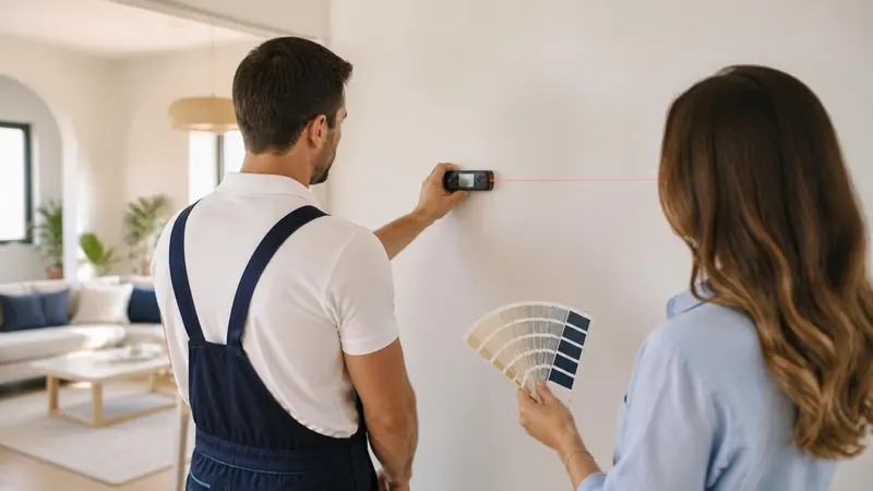 Usta lazer metreyle duvarı ölçerken ev sahibi renk kartelasından ton seçiyor